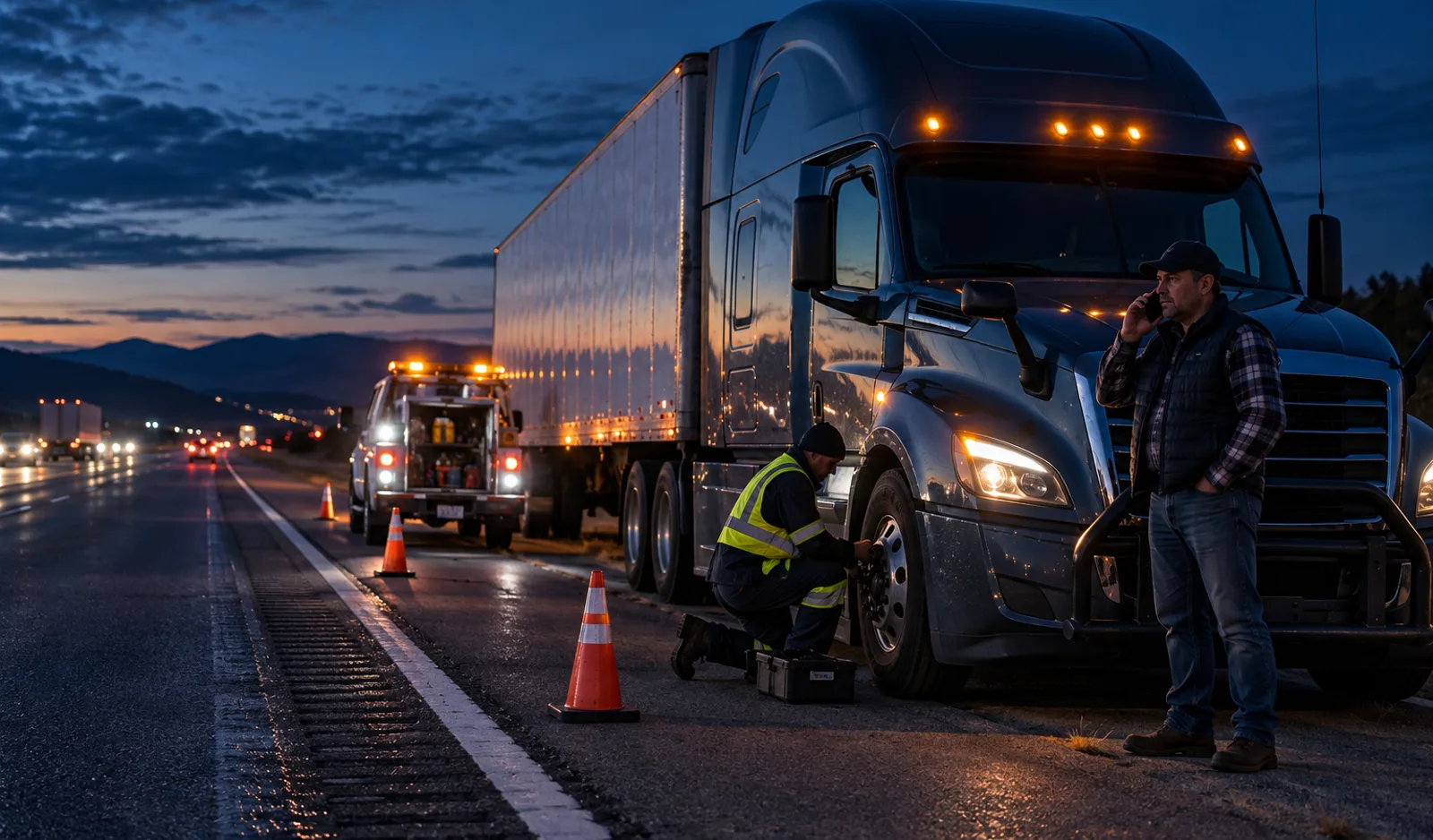 Roadside technician assisting a truck driver during a breakdown at dusk