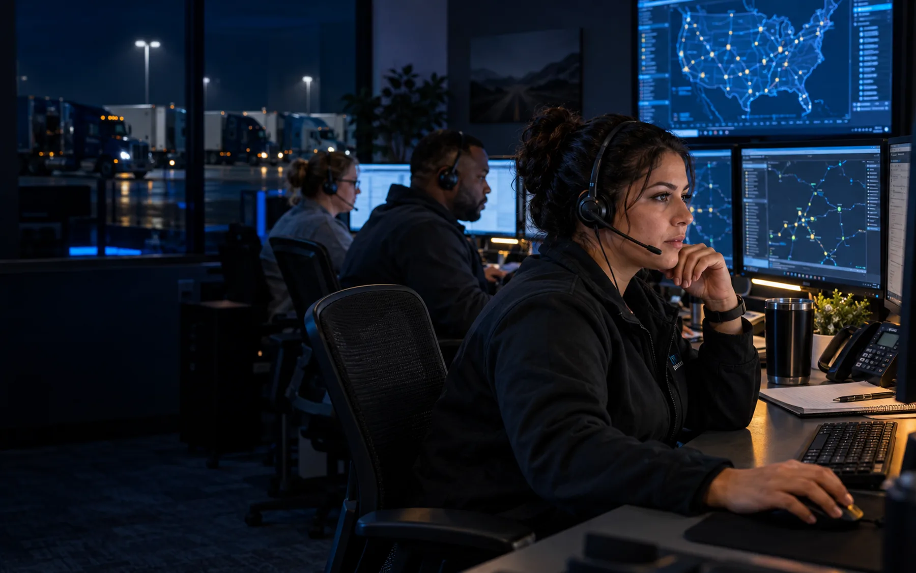 Vanguard dispatch professionals monitoring fleet operations at night